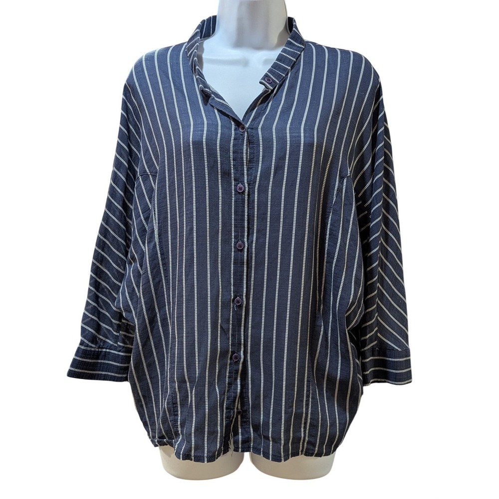 Pinkyotto Navy Blue White Striped Dolman Sleeve Button Front Blouse Top Size Med